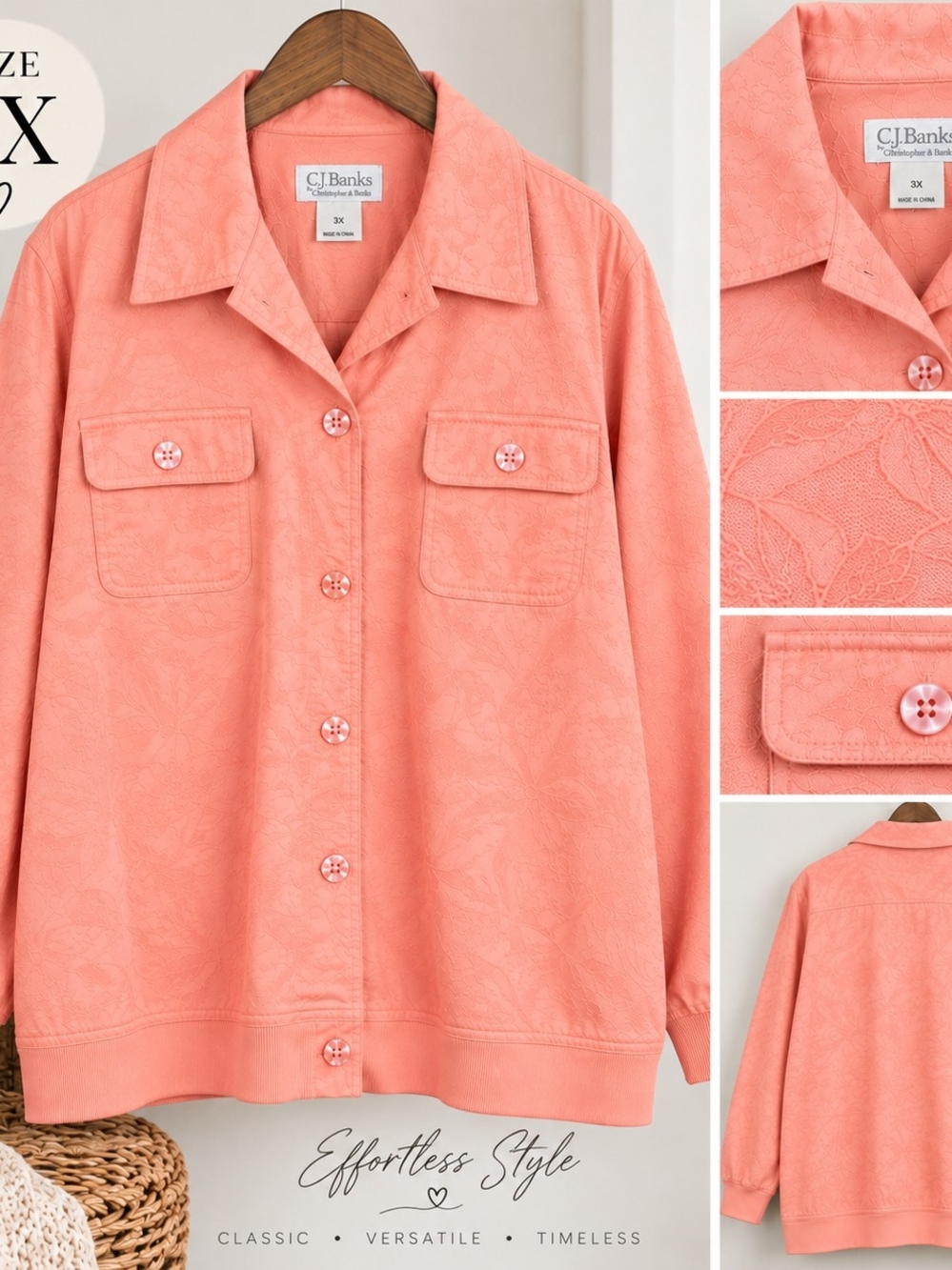 Coral Floral Jacquard Jacket 3X Button Front Coastal Chic Fall Layering